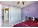 Bedroom with wood finished floors, a closet, baseboards, and ceiling fan